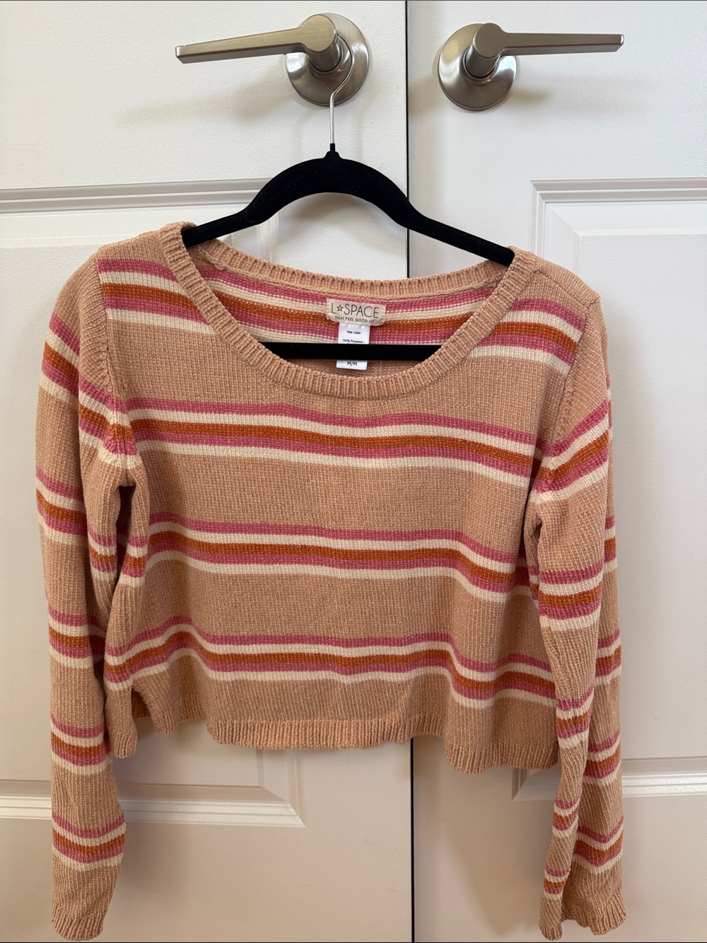 l*space Striped Scoop-Neck Crop Sweater in Tan, Pink and Cream